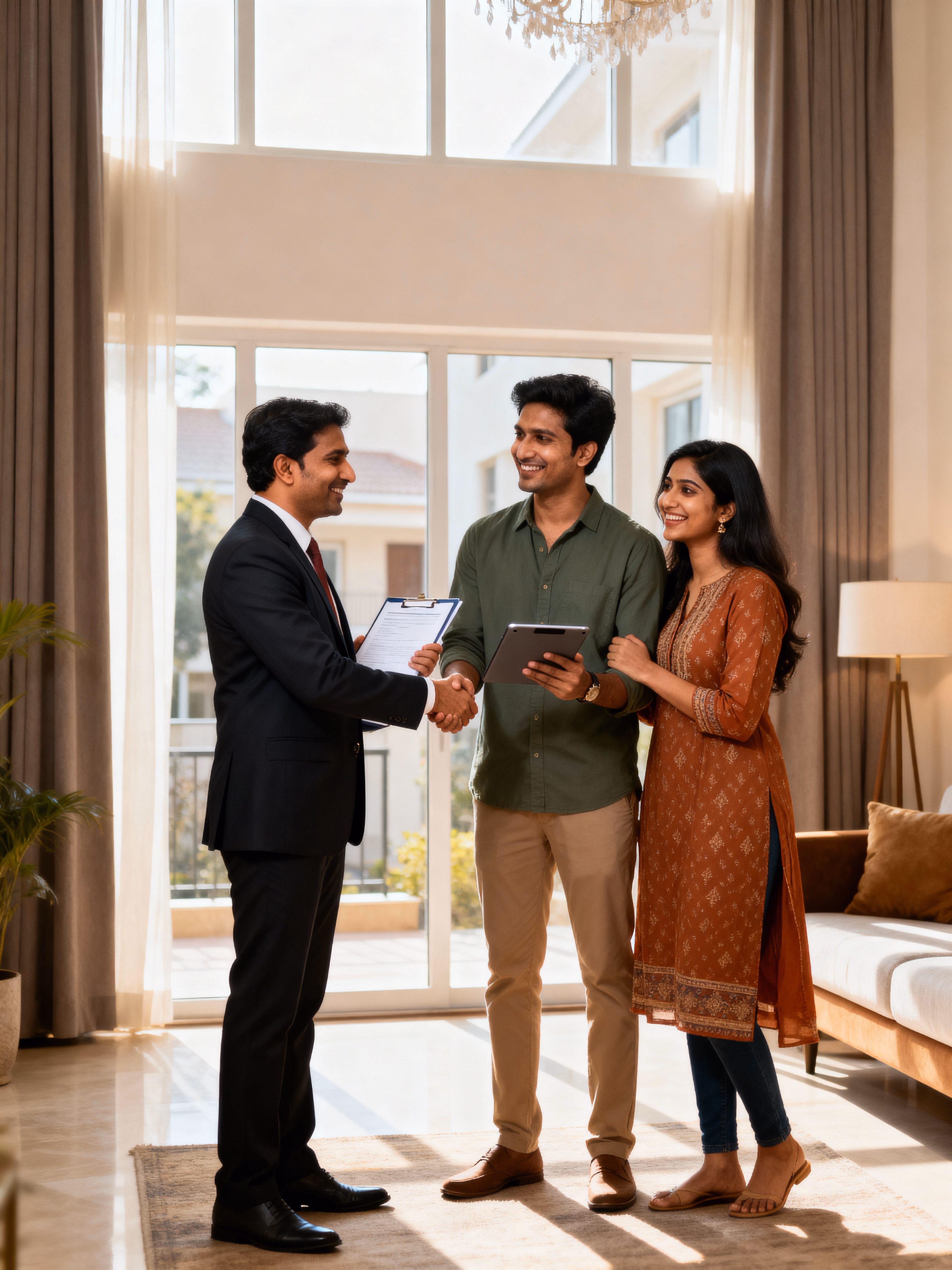 Beige upholstered bed with patterned pillows and ottomans